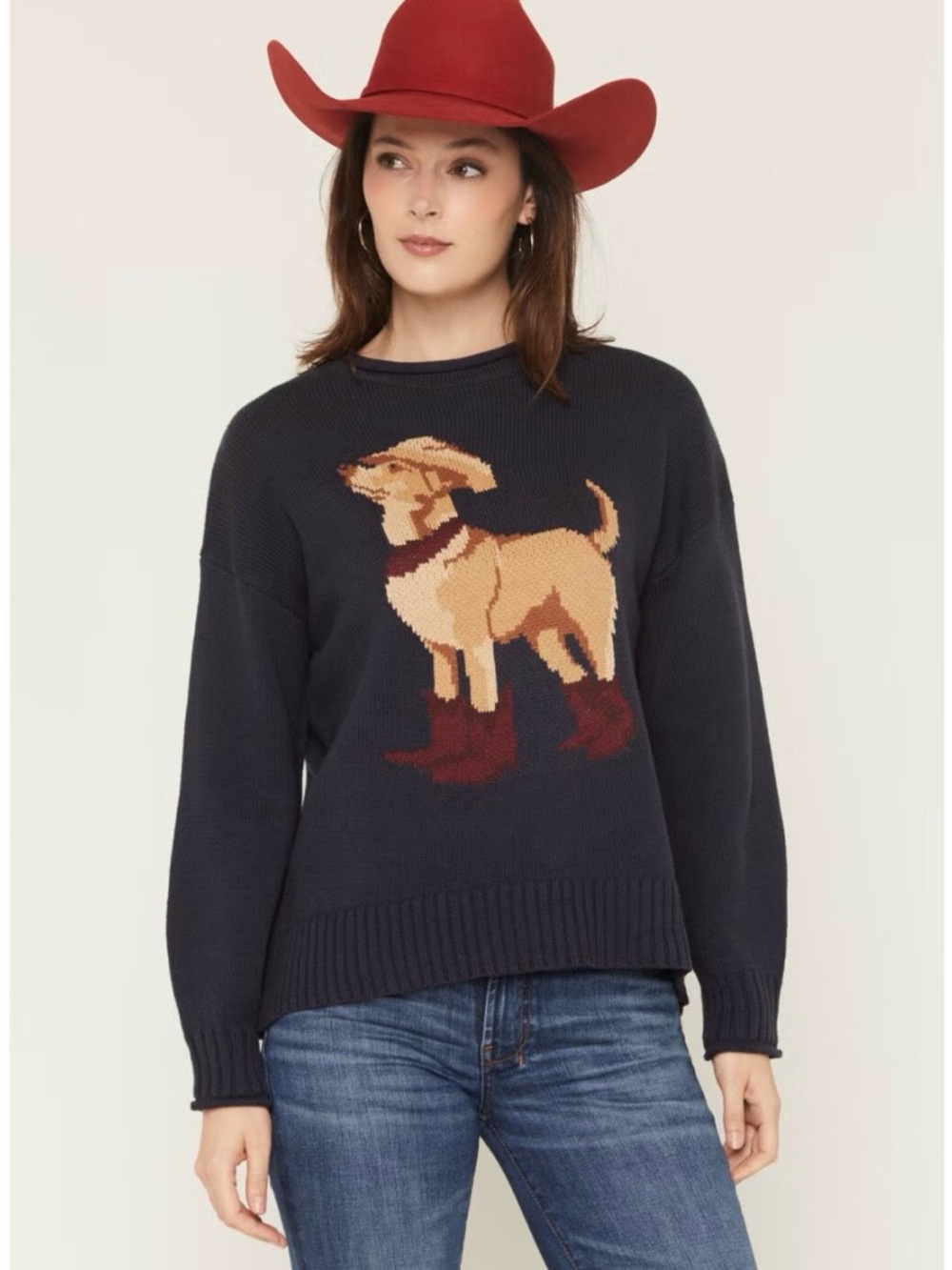 Wishlist Navy Sweater with Tan Dog Motif and Red Accents